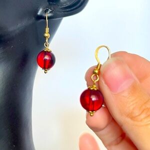 Gold tone Italy red bead hook earrings